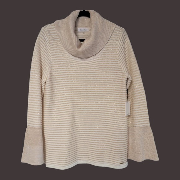 Calvin Klein Ivory Gold Sweater Cowl Neck Metallic Christmas Medium - Picture 1 of 7